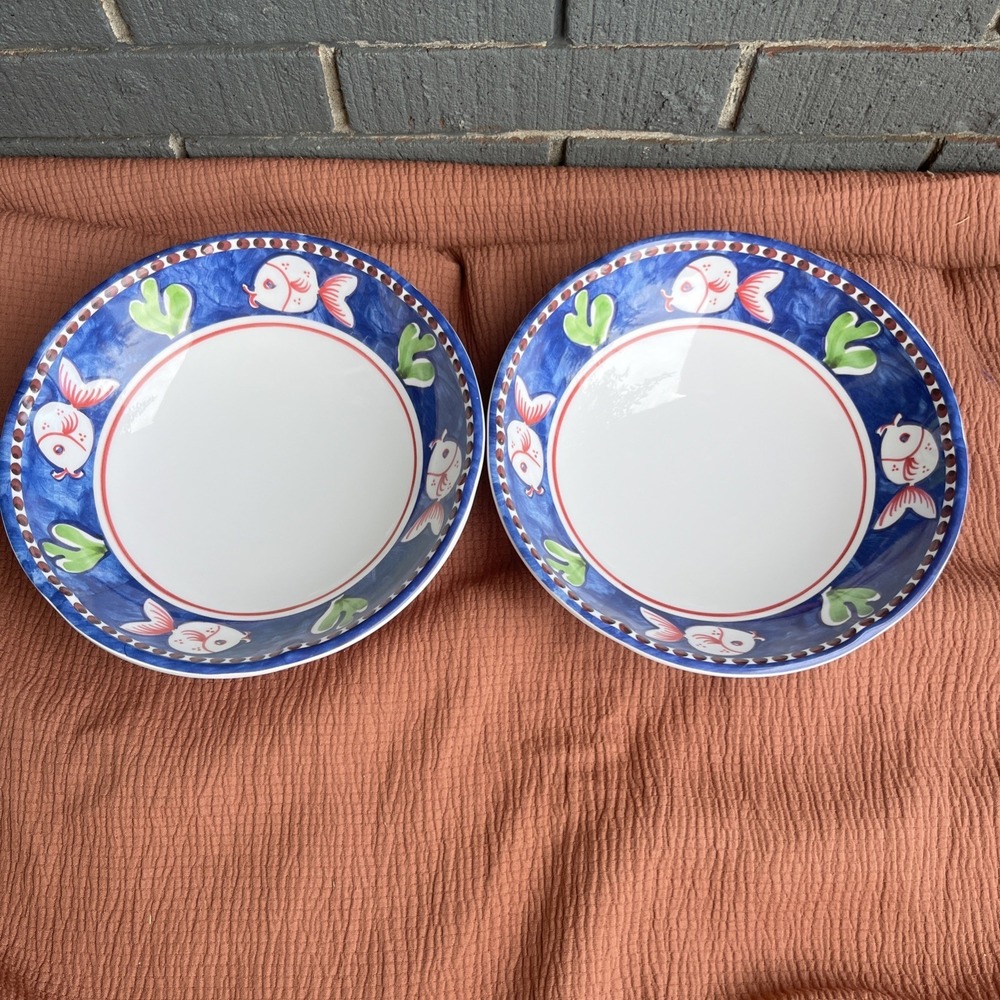Lot Of 2 Vietri Melamine Campagna Pesce Pasta Bowls Fish Border Blue - New Read